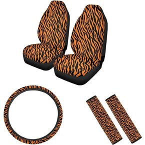 Full Set of 5 Pieces Car Accessories Sets Abstract Flowers Automotive Seat Belt Pad Cover Seat Covers Steering Wheel Cover Anti-Slip