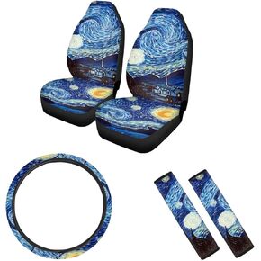 مجموعة كاملة من 5 قطع من إكسسوارات السيارة الداخلية Van Gogh Starry Night أغطية مقاعد السيارة العالمية، غطاء متين لمقود السيارة، واقي حزام الأمان قابل للغسل in Kuwait