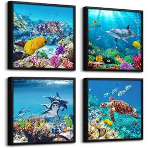 Set Of 4 Piece Black Framed Wall Art For Living Room Family Bedroom Wall Pictures Artwork Bathroom Wall Decor Coral Sea Fish And Turtles Blue Ocean Theme Painting Ready to Hang Modern Home Decor
