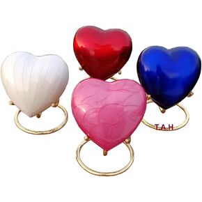 Beautiful Set of 4 White/Blue/Pink/Red Heart Keepsake Mini Heart Cremation Urn with Brass Stand - for Your Loved One & Human Ashes & Perfect Heart Urn for Gift