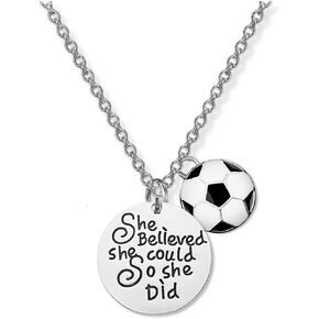 Sportybella - Soccer Charm Necklace, Engraved (She Believed, She Could, So She Did) Pendant Necklace, Personalized Necklace with Inspirational and Soccer Charm, Personalized Gifts for Women