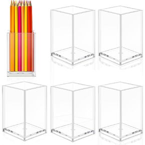 6 Pieces Clear Acrylic Pen Holder Makeup Brush Holder Desktop Holder Desk Goth Accessories Square Stationery Organizer, Transparent Pencil Holder Acrylic for Home Office School