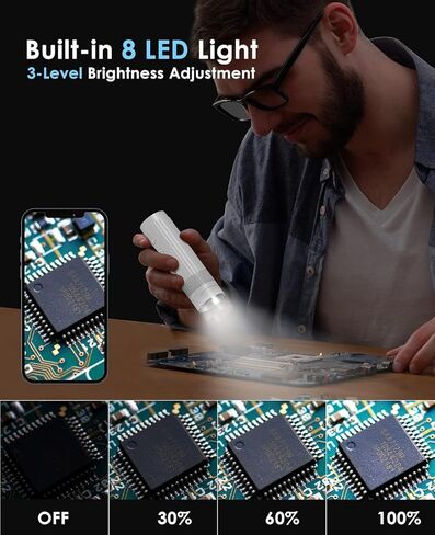 مجهر رقمي USB (لون أبيض تكبير 50X-1000X HD، اتصال USB سلكي، 8 مصابيح LED، مكبر محمول، مجهر USB محمول للعملات المعدنية لأجهزة الكمبيوتر التي تعمل بنظام Windows وiOS (بدون وظيفة لاسلكية) in Kuwait