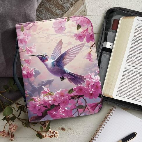 Hummingbird Floral Pink Print Bible Covers for Women Men PU Leather Bible Case Bible Bag with Handle Bible Tote Bag Zipper Bible Cover for Bible Study Supplies, XL in Kuwait