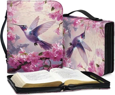 Hummingbird Floral Pink Print Bible Covers for Women Men PU Leather Bible Case Bible Bag with Handle Bible Tote Bag Zipper Bible Cover for Bible Study Supplies, XL in Kuwait