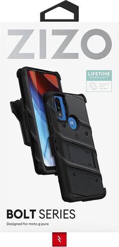 حزمة ZIZO Bolt لحافظة Moto G Pure مع واقي شاشة ومسند وحافظة - أسود in Saudi Arabia