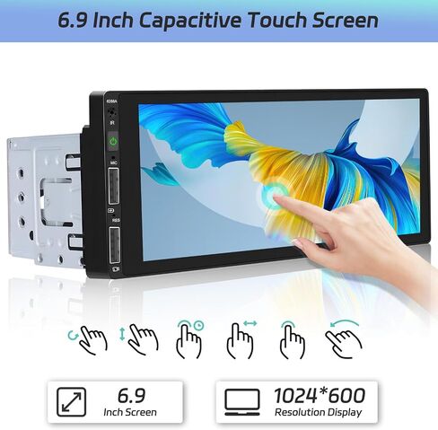 Hikity Single Din Car Stereo Apple Carplay Android Auto Car Radio 6.9 Inch Touchscreen Bluetooth 5.0 Mirror Link FM EQ SWC, Car Audio Receiver with USB, SWC, MIC, TF, AUX-in in Saudi Arabia