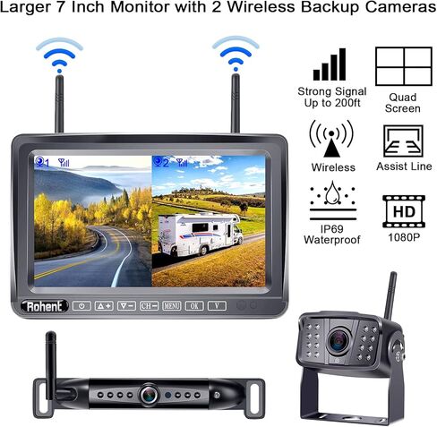 كاميرا احتياطية لاسلكية Rohent HD 1080P 2 كاميرا احتياطية لاسلكية مع شاشة لمس DVR مقاس 7 بوصات وإشارات رقمية ثابتة ونظام كاميرا الرؤية الخلفية in Kuwait