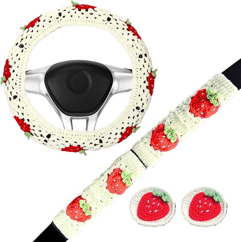Crochet Steering Wheel Cover Set,Cute Car Steering Wheel Cover Boho 14-15 in, White Strawberry Granny Square Pattern,Women Car Accessories (A Wheel Cover) in Saudi Arabia