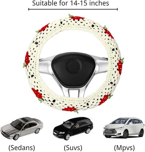 Crochet Steering Wheel Cover Set,Cute Car Steering Wheel Cover Boho 14-15 in, White Strawberry Granny Square Pattern,Women Car Accessories (A Wheel Cover) in Saudi Arabia