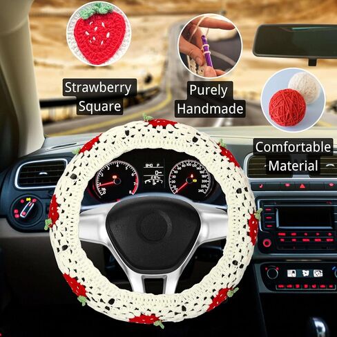 Crochet Steering Wheel Cover Set,Cute Car Steering Wheel Cover Boho 14-15 in, White Strawberry Granny Square Pattern,Women Car Accessories (A Wheel Cover) in Saudi Arabia