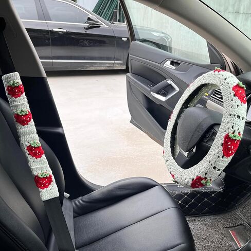 Crochet Steering Wheel Cover Set,Cute Car Steering Wheel Cover Boho 14-15 in, White Strawberry Granny Square Pattern,Women Car Accessories (A Wheel Cover) in Saudi Arabia