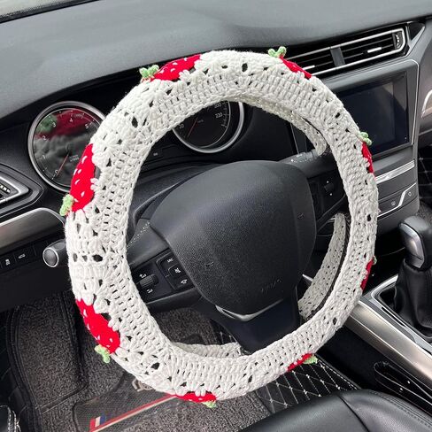 Crochet Steering Wheel Cover Set,Cute Car Steering Wheel Cover Boho 14-15 in, White Strawberry Granny Square Pattern,Women Car Accessories (A Wheel Cover) in Saudi Arabia