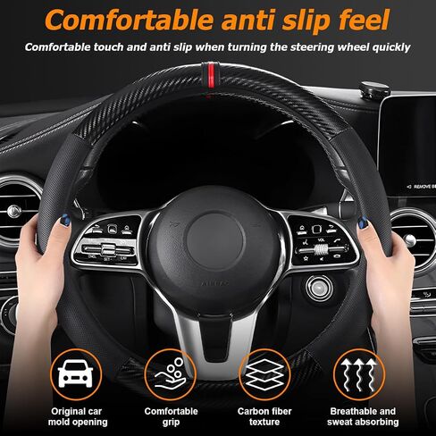 XINLIYA Car Steering Wheel Cover, Universal 15 Inch, Carbon Fiber Breathable Anti-Slip Steering Wheel Protector, Warm in Winter and Cool in Summer, Car Interior Accessories for Men Women（Black） in Saudi Arabia