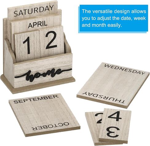PATIKIL Vintage Wood Block Perpetual Calendar, Wooden Month Week Date Display Blocks for Desk Office Home Decoration Style 3, Brown in Saudi Arabia