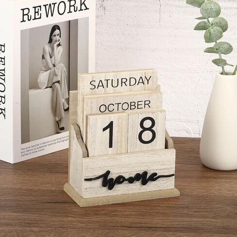 PATIKIL Vintage Wood Block Perpetual Calendar, Wooden Month Week Date Display Blocks for Desk Office Home Decoration Style 3, Brown in Saudi Arabia