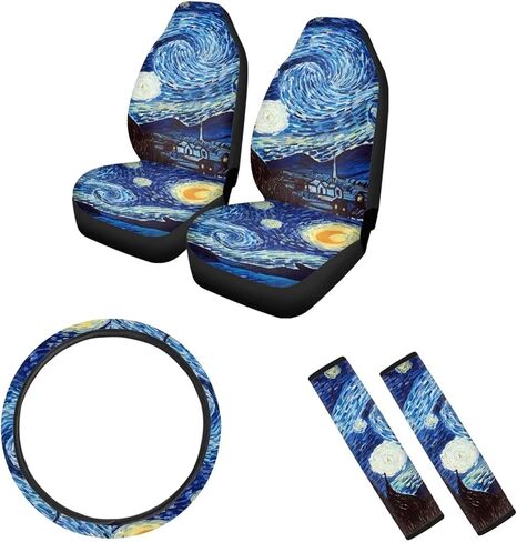 مجموعة كاملة من 5 قطع من إكسسوارات السيارة الداخلية Van Gogh Starry Night أغطية مقاعد السيارة العالمية، غطاء متين لمقود السيارة، واقي حزام الأمان قابل للغسل in Kuwait