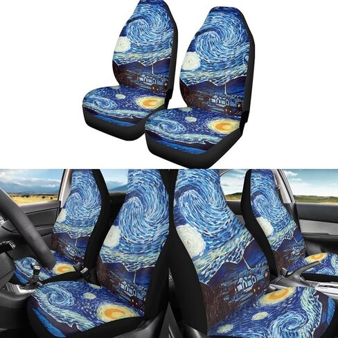مجموعة كاملة من 5 قطع من إكسسوارات السيارة الداخلية Van Gogh Starry Night أغطية مقاعد السيارة العالمية، غطاء متين لمقود السيارة، واقي حزام الأمان قابل للغسل in Kuwait