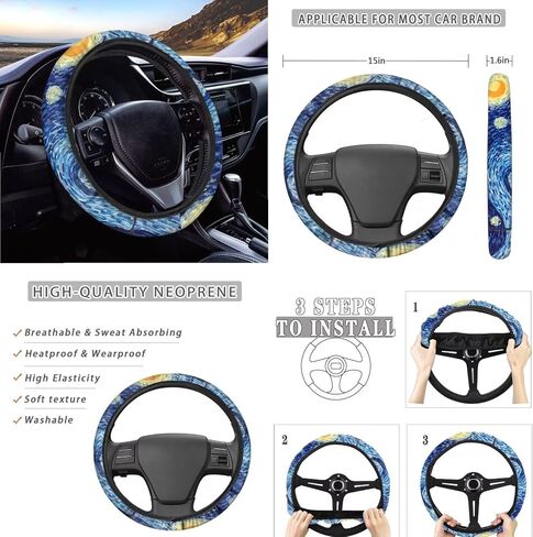 مجموعة كاملة من 5 قطع من إكسسوارات السيارة الداخلية Van Gogh Starry Night أغطية مقاعد السيارة العالمية، غطاء متين لمقود السيارة، واقي حزام الأمان قابل للغسل in Kuwait