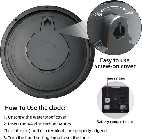 12 Inch Sealed Indoor Outdoor Waterproof Wall Clock, Dustproof Silent Non-Ticking Battery Operated Quality Quartz Round Clock, Wall Decorative for Patio, Pool, Bathroom (Black) in Saudi Arabia