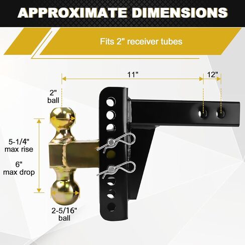 45900 حامل كرة وصلة مقطورة قابل للتعديل، حامل قناة قابل للتعديل مع كرة 2 بوصة وكرة 2-5/16 بوصة، مع ساق 2 بوصة لوصلة أنبوب الاستقبال 2 بوصة × 2 بوصة، 20000 رطل، أقصى ارتفاع 5-1/4 بوصة وقطرات 6 بوصات، أسود in Kuwait