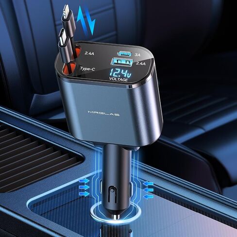 [ترقية] شاحن سيارة قابل للسحب 4 في 1، محول شاحن سيارة USB C فائق السرعة MRGLAS 60 وات، كابلان قابلان للسحب وشاحن هاتف سيارة بمنفذي USB، لهاتف iPhone 15/14/13، iPad، Samsung 24، Pixel in Saudi Arabia