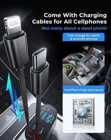 [ترقية] شاحن سيارة قابل للسحب 4 في 1، محول شاحن سيارة USB C فائق السرعة MRGLAS 60 وات، كابلان قابلان للسحب وشاحن هاتف سيارة بمنفذي USB، لهاتف iPhone 15/14/13، iPad، Samsung 24، Pixel in Saudi Arabia