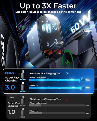 [ترقية] شاحن سيارة قابل للسحب 4 في 1، محول شاحن سيارة USB C فائق السرعة MRGLAS 60 وات، كابلان قابلان للسحب وشاحن هاتف سيارة بمنفذي USB، لهاتف iPhone 15/14/13، iPad، Samsung 24، Pixel in Saudi Arabia