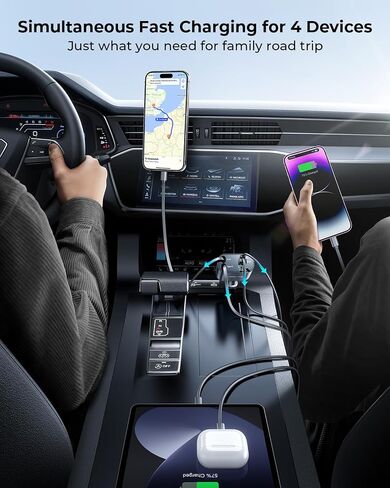[ترقية] شاحن سيارة قابل للسحب 4 في 1، محول شاحن سيارة USB C فائق السرعة MRGLAS 60 وات، كابلان قابلان للسحب وشاحن هاتف سيارة بمنفذي USB، لهاتف iPhone 15/14/13، iPad، Samsung 24، Pixel in Saudi Arabia