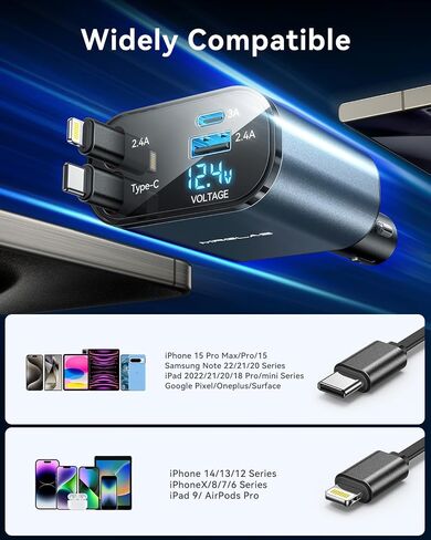 [ترقية] شاحن سيارة قابل للسحب 4 في 1، محول شاحن سيارة USB C فائق السرعة MRGLAS 60 وات، كابلان قابلان للسحب وشاحن هاتف سيارة بمنفذي USB، لهاتف iPhone 15/14/13، iPad، Samsung 24، Pixel in Saudi Arabia