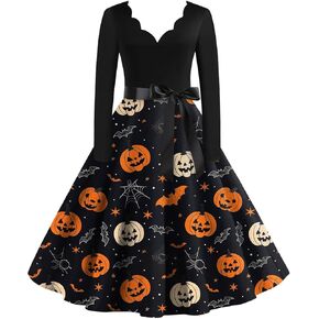 FlekmanArt Black Dresses for Women V Neck A-Line Dress Long Sleeve Halloween Fun Printed Tunic Dress Fall Dressy Dresses