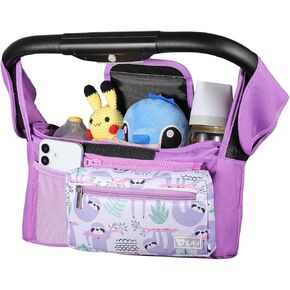 Universal Stroller Organizer with Insulated Cup Holders and Detachable Phone Bag, Multi-Functional Stroller Caddy for Baby Essentials, Fits Uppababy, Britax, and More(Purple Sloth)