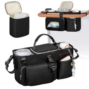 Parent Console Stroller Organizer Compatible with WONDERFOLD W2&W4&X, Wagon Stroller Caddy with 2 Insulated Cup Holders, A Removable Cooler Bag, Black (Empty Bag)