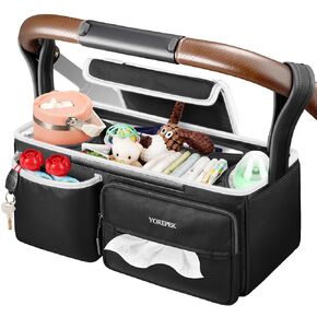 عربة الأطفال الواسعة Yorepek تناسب Caddy لـ Uppababy Vista/Minu/Cruz ، منظم عربات قابلة للتعديل مع اثنين من حاملي الكأس المعزولة ، حقيبة عربات سهلة التنظيف للسفر ، والمشي ، والملحقات ، و Baby Essentials