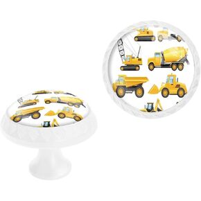6 Pack White Drawer Knobs, Construction Vehicles and Machinery Trucks Bulldozer Crane Cabinet Knobs Crystal Dresser Knobs for Kids Room Decor
