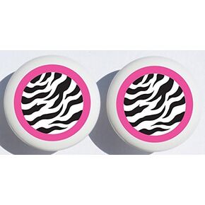 Pink and Black Zebra Print Drawer Pulls/Polka Dot Ceramic Cabinet Knobs/Safari Nursery Room Decor (Set of Two)