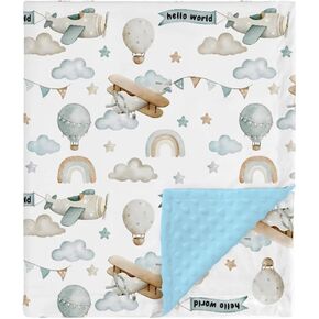Hawskgfub Airplane Airplane Helicopter Hot Air Balloon Mink Baby Blanket Proted Boys Goys Dame Gift ، Blue Hello World Cloud Star Double Layer Cwadle ،