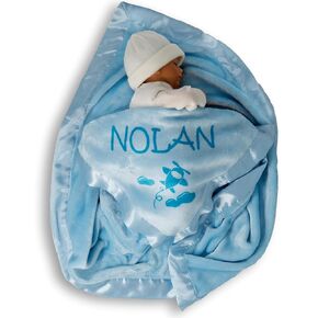 Custom Catch Ships Next Day - Vermont Workshop - Personalized Airplane Baby Blanket - Boy Name Gift - Blue or Pink (1 Text LIne)