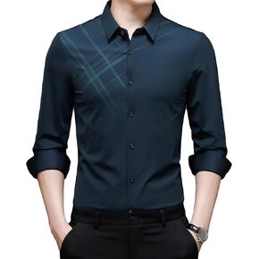 Men Plaid Printed Dress Shirt Turn-Down Collar Button Down Business Shirts Casual Slim Fit Long Sleeve Shirts