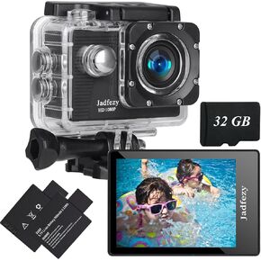 Action Camera FHD 1080p مع بطاقة 32 جيجا بايت ، وكاميرا مقاومة للماء 98 قدمًا/30 مترًا مع بطاريتين قابلة لإعادة الشحن ، وكاميرا رياضية واسعة الزاوية مع مجموعة ملحقات مناسبة للخوذة ، والدراجات ، وما إلى ذلك ، إلخ.