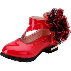Girls Flowers PU Leather Dress Shoes Strap Slip on Princess Mid Heel Dance Walking Shoes for Wedding Party School (Red-06#AB, 12-12.5Years)