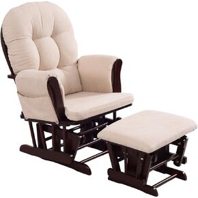 Rocking Chair Wood Heavy Duty Rocking Chair with Ottoman Cushion Set Baby Nursery Rocking Chair Glider with Adjustable Backrest for Living Room (Beige)