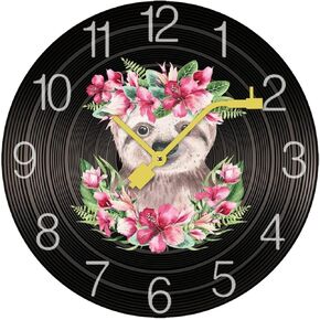 Baby Sloth with Flowers Wooden Round Wall Clock Retro Battery Operated Clocks Silent Non-Ticking Record Home Decor 34 * 34cm