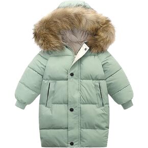 Girls Boys Winter Down Jacket Hooded Down Coat Thicken Warm Mid Long Puffer Jacket with Furry Trimmed Hood Outerwear