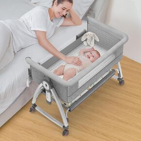 Inaya Baby Bedside Bassinet, Multi-Function Portable Bassinet with Adjustable Height, Breathable Mesh, Wheels, and Mosquito Net, Easy-Fold Bedside Sleeper for Newborns & Infants