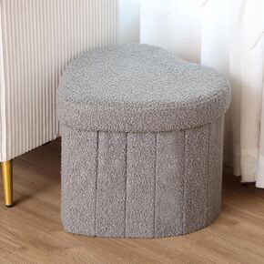 Upholstered Ottoman with Storage,Heart Shaped Foot Stool Collapsible Footrest for Living Room Bedroom,Fluffy Plush Padded Seat Soft Ottoman Box with Lid (Grey)