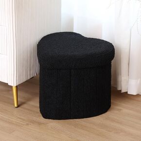 Upholstered Ottoman with Storage,Heart Shaped Foot Stool Collapsible Footrest for Living Room Bedroom,Fluffy Plush Padded Seat Soft Ottoman Box with Lid (Black)