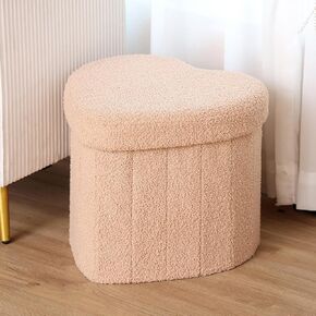 Upholstered Ottoman with Storage,Heart Shaped Foot Stool Collapsible Footrest for Living Room Bedroom,Fluffy Plush Padded Seat Soft Ottoman Box with Lid (Khaki)