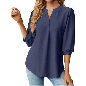 Women 3/4 Sleeve Eyelet Tops Dressy Casual V Neck Blouses Elegant Summer Trendy Tunic Shirts Business Work Shirt