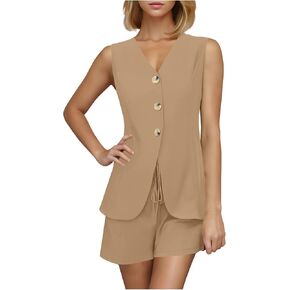 Womens Summer 2 Piece Outfits Sleeveless Matching Sets Button Down V Neck Vest Waistcoat Drawstring Shorts Casual Sets